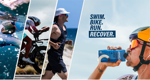 Swim, bike, run, recover: triathletes racing and an athlete drinking Amacx Cherry Juice+ after the finish